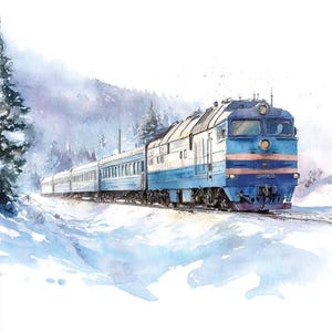Puede incluir: Pintura a la acuarela de un tren azul y blanco que viaja por un paisaje nevado. El tren es el punto focal, con una locomotora y vagones de pasajeros detallados. La escena evoca una sensación de viaje invernal y aventura.