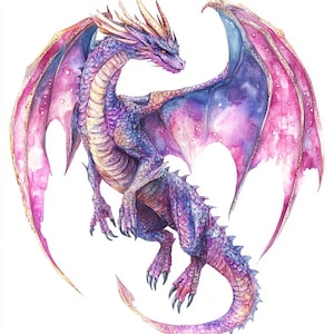May include: Watercolor illustration of a dragon with outstretched wings. The dragon features a purple body with blue and pink accents. Its wings are a gradient of pink and blue, and it has sharp claws and a long tail. The dragon is set against a white background.