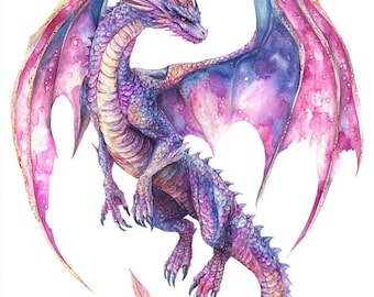 8 Purple Pink Dragon Clipart, Watercolor Printable, Fantasy Creatures, PNGs Bundle Digital Download, Paper Craft Junk Journals, Stickers POD