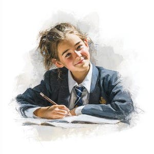 May include: A young person in a navy blue blazer, white shirt, and striped tie, writing in a notebook with a pencil. The image has a painterly style with soft, blended colors and a white background. The person is smiling.