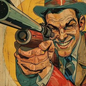 Puede incluir: Ilustración de estilo cómic vintage de un hombre apuntando con un rifle. Lleva un sombrero fedora y una chaqueta roja, con una sonrisa siniestra. La obra de arte utiliza líneas audaces y una paleta de colores limitada de rojo, azul y amarillo.