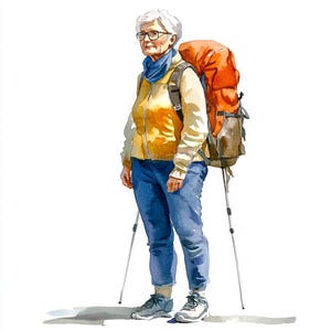 8 imágenes prediseñadas de anciana jubilada, mujer mayor viajando, imágenes prediseñadas de acuarela imprimibles, PNG de alta calidad, descarga digital, manualidades de papel, diario basura