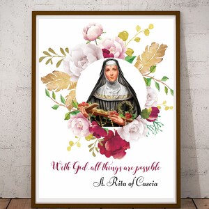 Saint Rita of Cascia, St Rita, With God all Things are Possible, Matthew 19:26 Art, Catholic, Patron Saint, Gift for Priest, Bible Quote