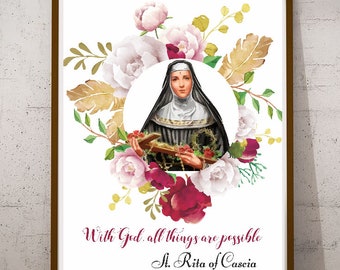 Saint Rita of Cascia, St Rita, With God all Things are Possible, Matthew 19:26 Art, Catholic, Patron Saint, Gift for Priest, Bible Quote