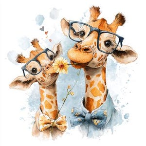 8 Quirky Giraffe Mom and Baby Wearing Glasses Watercolor Printable Digital Download High Quality PNGs Paper Crafts Junk Journals Nursery Art