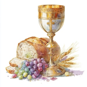 May include: Watercolor illustration of a golden chalice with a cross, bread, grapes, and wheat. The chalice is the focal point, with a detailed design. The bread is sliced, and the grapes are a mix of green and purple. Wheat stalks are also present.