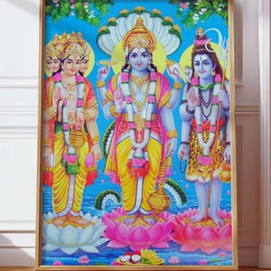 Vishnu Brahma Shiva, Holy Trinity Picture, Hindu God Wall Art Indian Vintage Poster Painting Digital File Traditional Spiritual Religious
