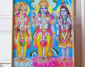 Vishnu Brahma Shiva, immagine della Santissima Trinità, immagine murale del dio indù, poster vintage indiano, file digitale, tradizionale, spirituale e religiosa
