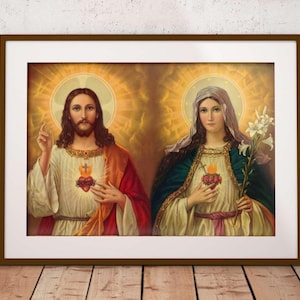 Alliance of the Hearts of Jesus and Mary, Sacred Heart of Jesus Immaculate Heart of Mary Divine Mercy Bible Wall Art Digital Vintage Poster