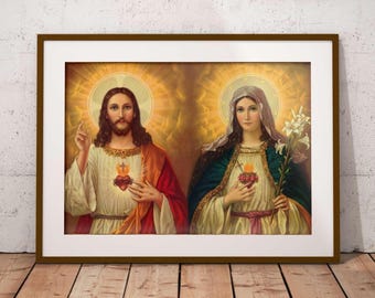 Alliance of the Hearts of Jesus and Mary, Sacred Heart of Jesus Immaculate Heart of Mary Divine Mercy Bible Wall Art Digital Vintage Poster
