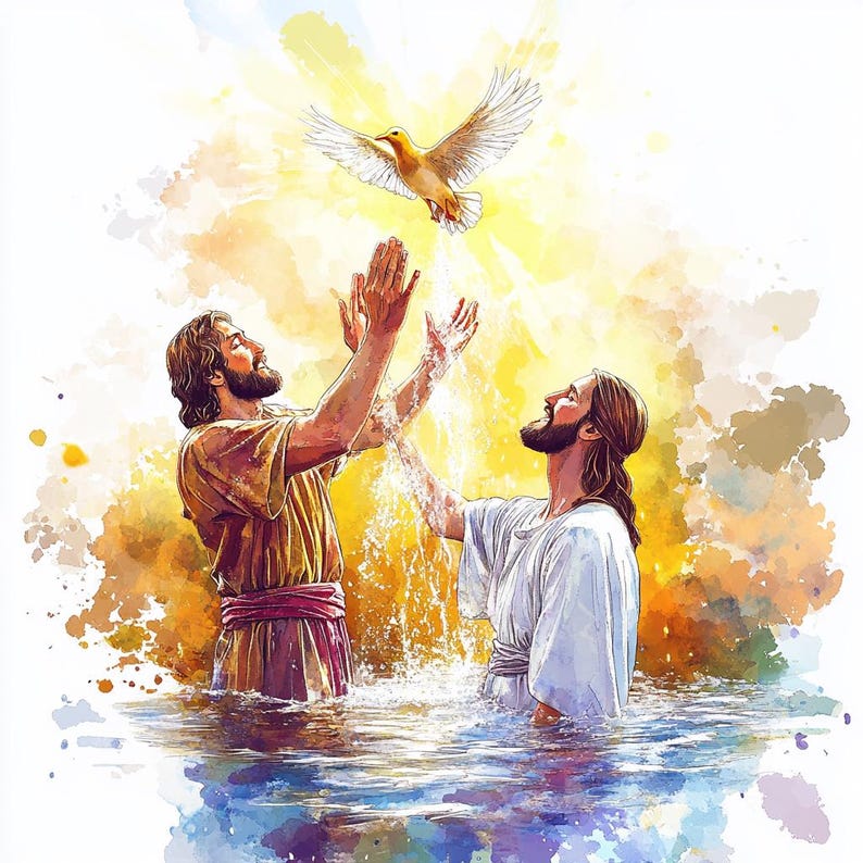 Può includere: Illustrazione ad acquerello raffigurante due figure nell'acqua, con le braccia alzate verso una colomba. La colomba è in volo, immersa in una luce dorata. Le figure, in abiti lunghi, hanno capelli lunghi e barbe, su uno sfondo di acquerelli.