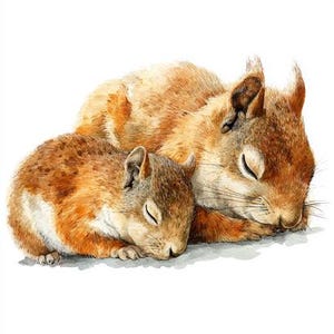 Puede incluir: Ilustración en acuarela de dos ardillas durmiendo. La ardilla más grande tiene pelaje marrón rojizo, mientras que la más pequeña tiene una mezcla de marrón y naranja. Ambas están acurrucadas juntas, con los ojos cerrados, creando una escena acogedora.