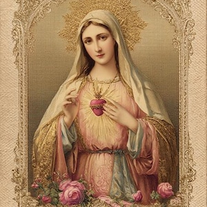 May include: A vintage religious print depicting a woman in a pink and gold dress, with a white veil and a golden halo. A heart with flames is on her chest, and roses are at the bottom. The image is framed with ornate gold detailing.