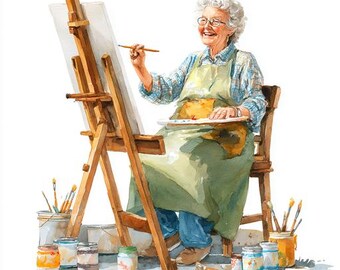 8人の画家のクリップアート、おばあちゃん、高齢のアーティストの水彩画の印刷物、デジタルダウンロード、高品質のPNG、ペーパークラフト、ジャンクジャーナル、スクラップブック