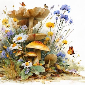 Puede incluir: Ilustración en acuarela de una escena caprichosa de setas y flores silvestres. La imagen presenta grandes setas de color marrón claro con sombreros naranjas, rodeadas de margaritas, flores silvestres amarillas y azules y mariposas. La obra de arte tiene una estética suave y natural.