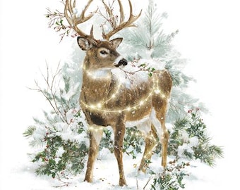 May include: A detailed illustration of a deer in a snowy winter scene. The deer has large antlers adorned with branches and berries. A string of warm white lights wraps around the deer. Evergreen trees and snow complete the festive holiday image.