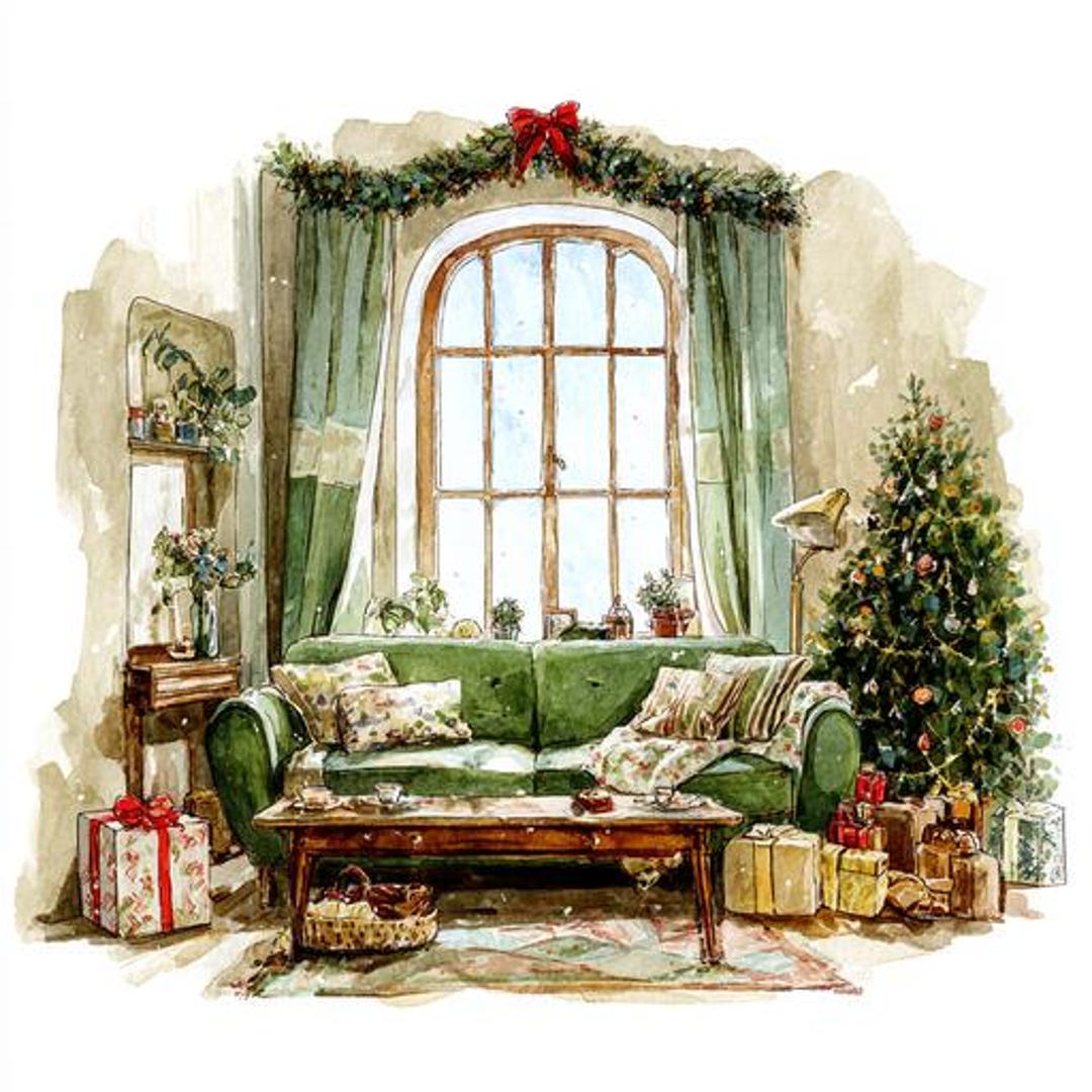 8 Winter Living Room Clipart, Cozy Christmas Interiors Watercolor ...