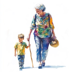 10 imágenes prediseñadas de acuarela de abuela y nieto caminando. Imágenes prediseñadas de mujer mayor. Descarga instantánea. PNG imprimibles de alta calidad. Revistas basura.