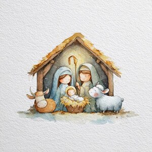 May include: Watercolor illustration of the Nativity scene. The image depicts Mary, Joseph, and baby Jesus in a manger, with a cow and a lamb. The scene is set inside a rustic wooden stable with a thatched roof.