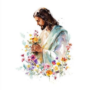 May include: Watercolor illustration of a figure with long brown hair and a beard, wearing a light-colored robe and a blue shawl, holding a bouquet of colorful flowers. The flowers include shades of yellow, pink, purple, and orange, with green foliage.