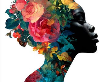 8 Floral African Woman Face Clipart, Black Beauty Girl Watercolor Printable PNGs, Digital Download Paper Crafts, Junk Journals, Scrapbooking