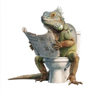 May include: A whimsical illustration of a green iguana sitting on a toilet, engrossed in reading a newspaper. The iguana has a blue head and a long tail. The toilet is white, set against a plain white background.
