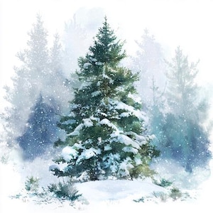 Puede incluir: Pintura a la acuarela de un árbol de hoja perenne cubierto de nieve en una escena de bosque invernal. El árbol es de un verde vibrante, contrastado por la nieve blanca. Otros árboles son visibles en el fondo, con un efecto suave y borroso, y una ligera nevada.