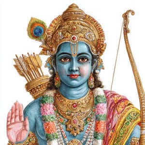 May include: Illustration of a deity with blue skin, adorned with a golden crown, jewelry, and a peacock feather. The figure holds a bow and arrows, with one hand raised in a gesture of blessing. The artwork features intricate details and vibrant colors.