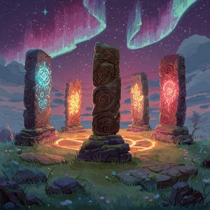 May include: An illustration depicting five weathered stone pillars adorned with glowing symbols and carvings. The pillars are set in a circle on a grassy area, with a colourful aurora borealis in the background. The colour scheme features purple, green, and orange hues.