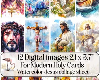 Printable Sheet of Jesus, Modern Watercolor Religious Images for Holy Cards, Prayer Cards, Scrapbooking, Junk Journals, DIY Digital Download