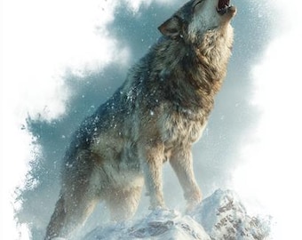 Peut inclure: Un loup gris hurlant, debout sur un sommet enneigé. Le pelage du loup est un mélange de gris et de brun, avec une texture détaillée. Des flocons de neige et un fond brumeux ajoutent à la scène hivernale. La gueule du loup est ouverte.