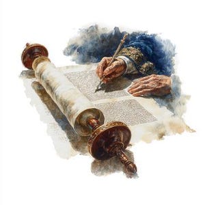 Puede incluir: Ilustración en acuarela de un rollo de pergamino con asas de madera ornamentadas. Una mano, adornada con una manga azul y dorada, escribe con una pluma en el rollo abierto. La obra de arte tiene un aspecto suave y envejecido.