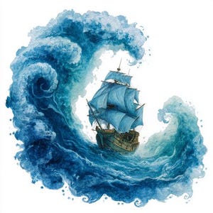 May include: Watercolor illustration of a tall ship sailing through a large ocean wave. The ship has blue sails and a wooden hull. The wave is a deep blue color, with white foam at the crest.