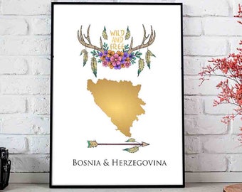 Bosnia Map Art Bosnia Print Bosnia Poster Bosnia Herzegovina PRINTABLE Bosnia Gift Bosnia Sign Bosnia Decor Bohemian Decor Boho Design Print