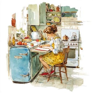8 Vintage Retro School Girl Clipart Schoolgirl Learning in Kitchen 1930s Watercolor Printable High Quality PNGs Paper Crafts Junk Journals