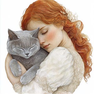 8 Clip Art di ragazza con gatto. Ragazza carina con i capelli rossi che tiene in braccio un gattino. Clipart digitale acquerello stampabile. PNG di alta qualità. Artigianato di carta. Diari.