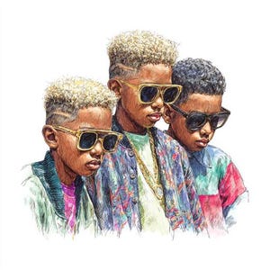 May include: Illustration of three young people wearing sunglasses. The central figure wears a patterned jacket and gold chain. The other two figures wear jackets in shades of green and pink. All three have curly hair and are looking down.