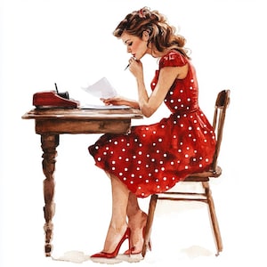 8 Imágenes prediseñadas de mujer sentada en un escritorio escribiendo, acuarela, PNG, imágenes prediseñadas de persona, licencia comercial, descarga digital, manualidades de papel, revistas basura