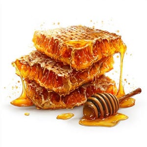 May include: A stack of golden honeycomb with dripping honey and a wooden honey dipper. The image shows a close-up of the honeycomb, with the honey cascading down the sides. The dipper is resting in a pool of honey.