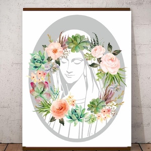 May include: A watercolor painting of a woman's face with a floral wreath around her head. The flowers are pink, white, and green. The background is a light gray.