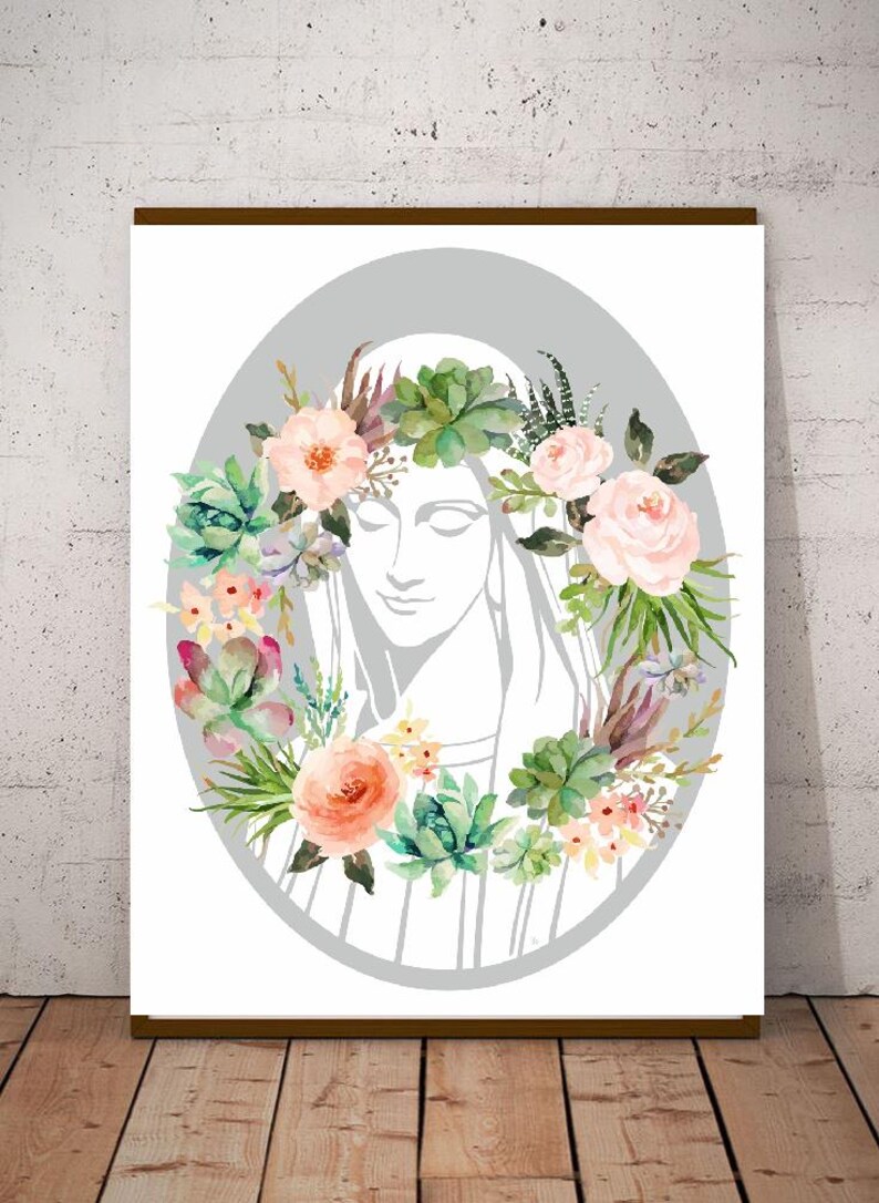 May include: A watercolor painting of a woman's face with a floral wreath around her head. The flowers are pink, white, and green. The background is a light gray.