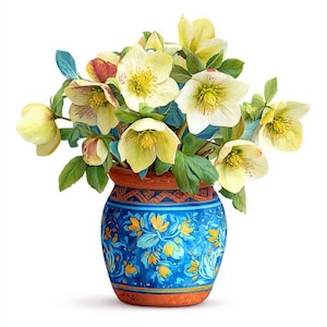 Pode incluir: Um vibrante arranjo floral com flores amarelo pálido e folhagem verde, exibido em um vaso decorativo azul e laranja. O vaso tem um padrão floral detalhado. As flores estão em plena floração, criando uma exibição alegre e colorida.