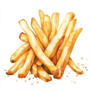 Pode incluir: Ilustração em aquarela de uma pilha de batatas fritas douradas. As batatas fritas são empilhadas em um arranjo casual, com comprimentos e espessuras variados. Pequenos flocos de tempero estão espalhados ao redor das batatas fritas, sugerindo uma refeição recém-preparada.
