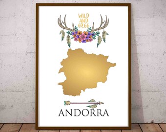 Andorra Map PRINTABLE Country Map of Andorra Gift Print Map Artwork, Country Art, Office Decor, Country Map Gold Art Print Bohemian Decor