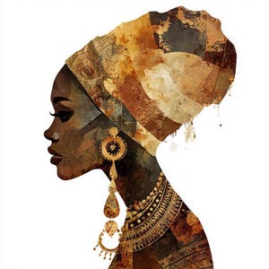 Può includere: Un ritratto di profilo artistico di una donna dalla pelle scura, adornata con un copricapo fantasia nei toni del marrone, oro e beige. Indossa grandi orecchini d'oro e una collana abbinata. L'opera d'arte ha un effetto strutturato, simile all'acquerello.