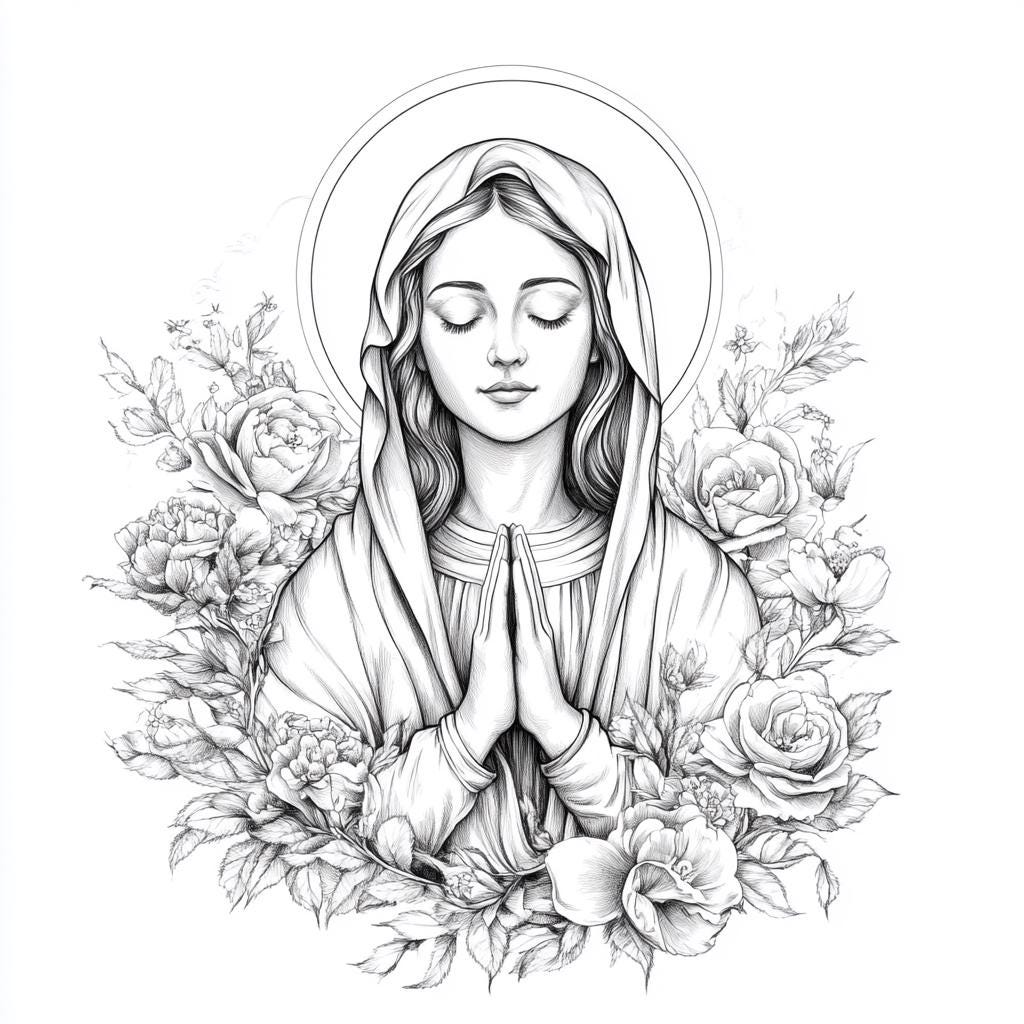 4 Virgin Mary With Flowers Clip Art Our Lady Floral Black \u0026 White Digital  Download Catholic Design Praying Madonna Paper Craft Junk Journals - Etsy, image size:1024x1024