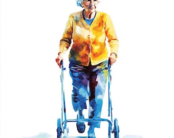 8 Old Lady With Walker Clipart Senior Elderly Woman Printable Watercolor Clipart High Quality PNGs Digital Download Paper Craft Junk Journal