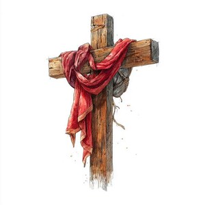 Può includere: Illustrazione ad acquerello di una croce di legno con un panno rosso drappeggiato sopra. La croce è fatta di legno grezzo e il panno ha finiture dorate. Lo sfondo è bianco.