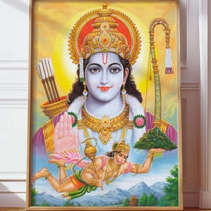 May include: A colorful painting depicting a Hindu deity, Rama, with a crown and a bow and arrow. He is standing on a cloud with a monkey god, Hanuman, flying below him carrying a mountain.