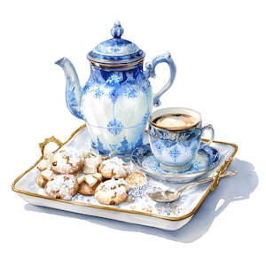 May include: Watercolor illustration of a tea set with a blue and white floral design. The set includes a teapot, teacup, saucer, and a serving tray with cookies. The tray has gold trim and a silver spoon.